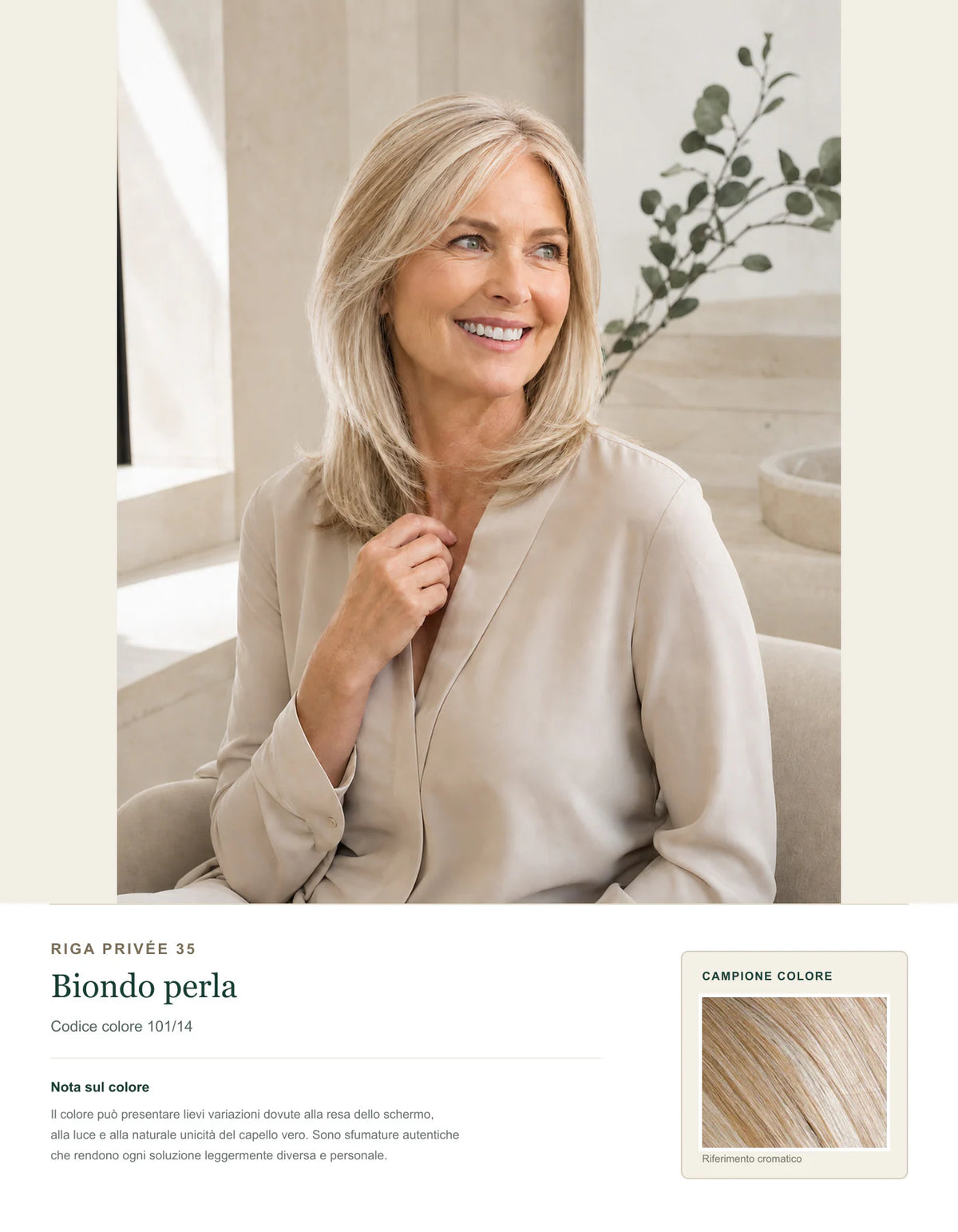Riga Privée 35 — Topper Donna Premium — scheda colore Biondo Perla — 101/14