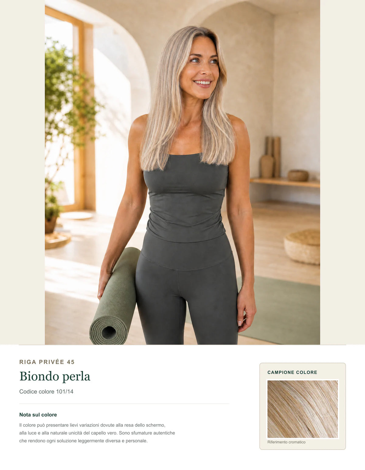 Riga Privée 45 — Topper Donna Premium — scheda colore Biondo Perla — 101/14
